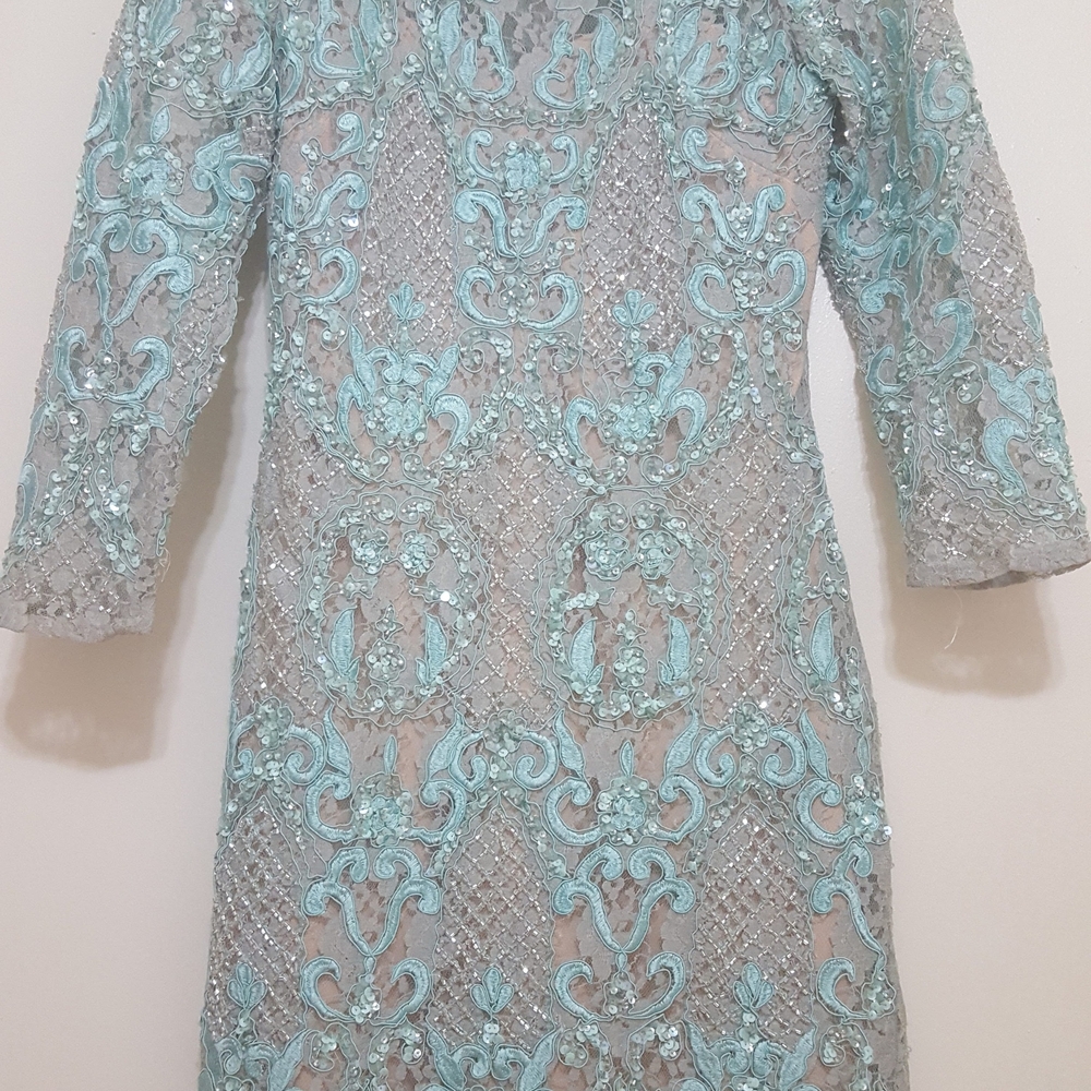 AIDAN MATTOX Stunning Aqua Embroidered Dress